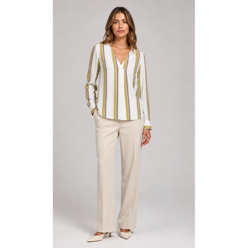 Ann Taylor Popover Blouse Top Women XS White Gold Stripe V-Neck Polyester Preppy